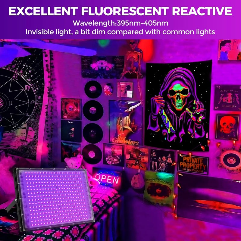 Waygor 300W LED Black Lights for Glow Party, Halloween Black Light Flood Light IP65 Waterproof 395nm UV Blacklight Floodlight Purple BlackLights Spotlight Fluorescent UV Light Lamp for Decor (2 Pack) - Image 2